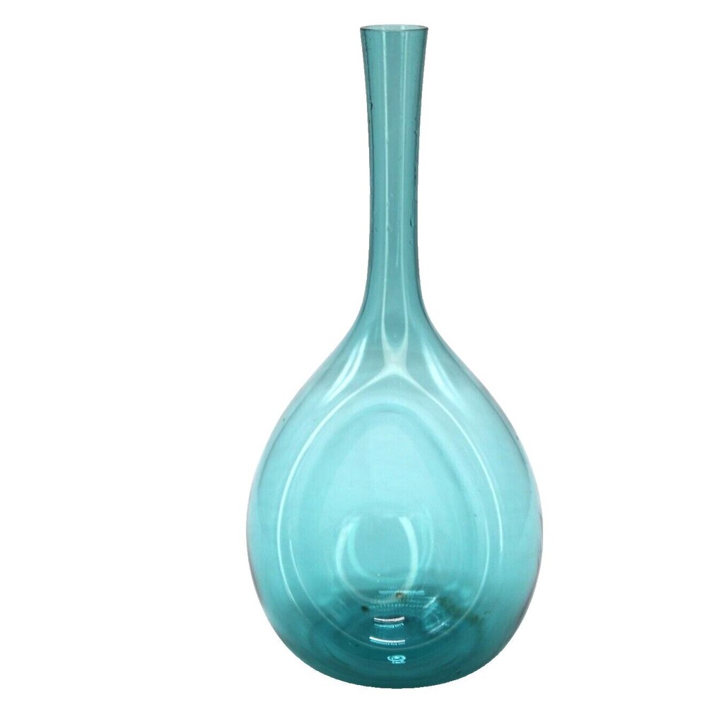Dimpled Bulb Vase Hand Blown Art Glass Sweden MCM  Aqua Blue